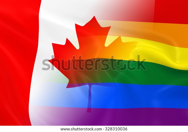 Gay Pride in Canada Concept\
Image - Gay Pride Rainbow Flag and the Canadian Flag Fading\
Together