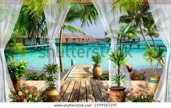 gazebo with curtains overlooking the sea bay from the bungalow. Photo wallpapers. mural on the wall.