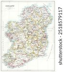 Gazetteer of the British Isles, statistical and topographical map by John Bartholomew (1887). Vintage British Isles historical map art drawing illustration, old isle map painting art print.