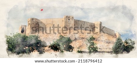 Gaziantep castle or Kalesi in Gaziantep, Turkey in watercolor illustration style