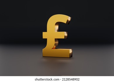 GBP Sign In Gold. British Pound Currency Symbol Glossy In Gold Metallic On A Dark Background. 3D Illustration