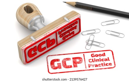 GCP - Good Clinical Practice. The stamp and an imprint. The stamp and red imprint GCP.Good Clinical Practice on a white surface. 3D illustration