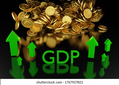 GDP And Up Arrow With Gold Coins Drop. Growth Up Concept .3d Rendering