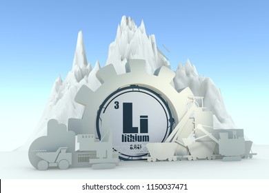 Gear With Energy Relative Silhouettes. Design Set Of Coal Mining Industry. Lithium Chemical Element. 3D Rendering