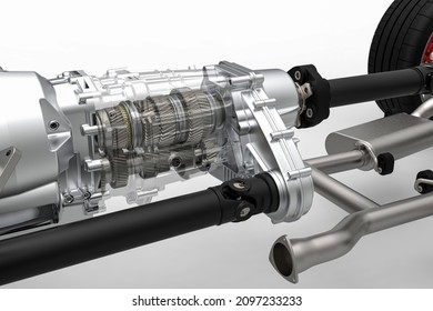 Gearbox, Transfer Case And Drive Shaft For Car With All Wheel Drive. Drivetrain Of Car. Automotive Concept. 3d Rendering