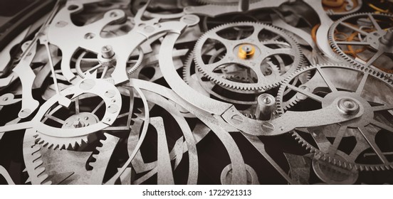 Gears and cogs in clockwork watch mechanism. Craft and precision - elegant detailed stainless steel and metal. 3D illustration