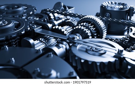 Gears And Cogs Mechanism. Industrial Machine, Engine. Close-up Macro. 3D Illustration