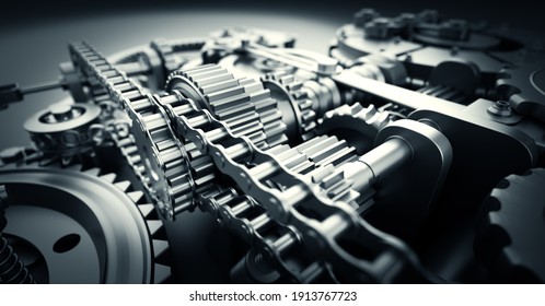 Gears And Cogs Mechanism. Industrial Machine, Engine. Close-up Macro. 3D Illustration