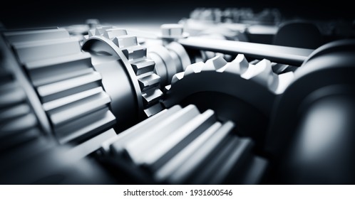 Gears and cogs mechanism. Industrial machine, engine. Close-up macro. 3D illustration