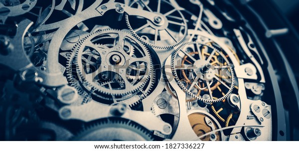 Gears and cogs mechanism. Industrial\
machinery. Close-up, detailed. 3D\
illustration