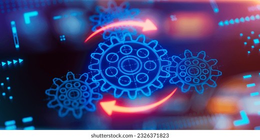 Gears icon on a digital display with reflection. Concept of business process workflow optimisation and automation, digital transformation, robotic process automation and flowing. 3D Illustration - Powered by Shutterstock