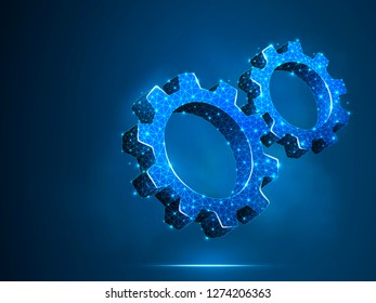 Gears. Industry development, engine work, business solution concept. Mechanical technology machine engineering symbol. Raster low poly polygonal wireframe two 3d gears illustration on blue background