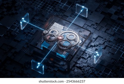 Gears with technological circuit background, 3d rendering. 3D illustration.