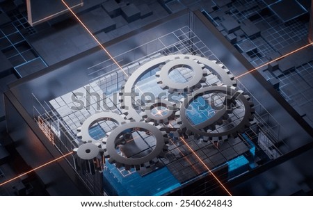 Gears with technological circuit background, 3d rendering. 3D illustration.