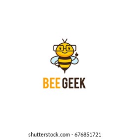 Geek Bee Mascot Logo.  Cartoon Mentor Insect Character In Glasses.