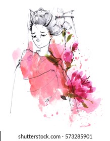 Geisha Portrait Isolated. Hand Drawn Fashion Illustration. Sketch Of A Young Woman. Fashion Model Face. Ink, Black And White Pencil, Marker, Watercolor. 