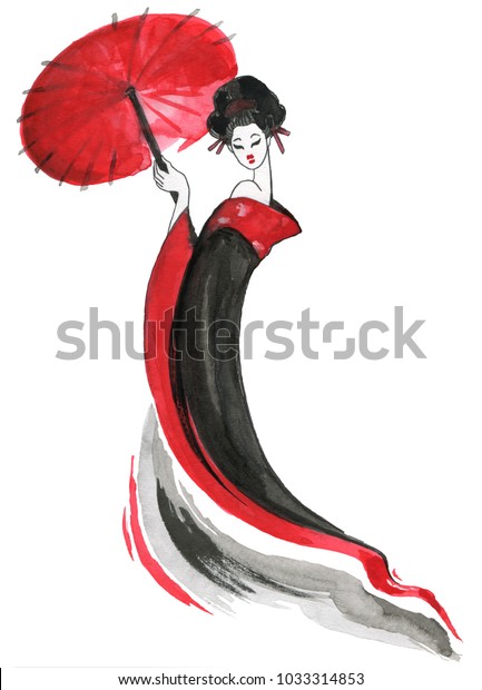 芸者 伝統衣装を着た女性 和様水彩手描きのイラスト のイラスト素材