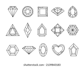 Gem, Diamond, Crystal And Jewel Stone Shapes Line Icons. Outline Emerald, Carat, Sapphire And Ruby. Linear Luxury Brilliants Logo  Set. Illustration Of Jewel Line Symbol And Sign