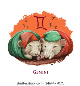 Gemini Creative Digital Illustration Of Astrological Sign. Rat Or Mouse Symboll Of 2020 Year Signs In Zodiac. Horoscope Air Element. Logo Sign With Twins. Graphic Design Clip Art For Web And Print