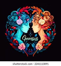 Gemini horoscope sign in colourful abstract illustration. Astrology and zodiac icon.