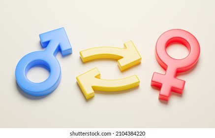 Gender Change. Male And Female Gender Symbol With A Circular Arrow. 3d Render