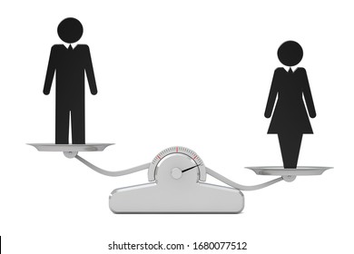 Gender Equality Concept. Black Man And Woman Icons On A Simple Weighting Scale On A White Background. 3d Rendering