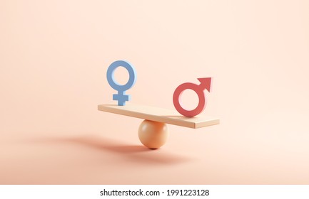 Gender equality concept. Male and female symbol on the scales with balance on blue background. minimal style, 3d render.