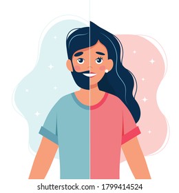 Gender Identity Concept. Gender Transition. Person With Half Woman And Half Man Face. Illustration In Flat Style