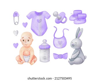 Gender Neutral Clipart Set, Newborn Baby, Bunny Toy,  Purple Very Peri  Nipple, Bottle, Booties, Bib, Bodysuit, Pin. Baby Shower Watercolor Illustrations