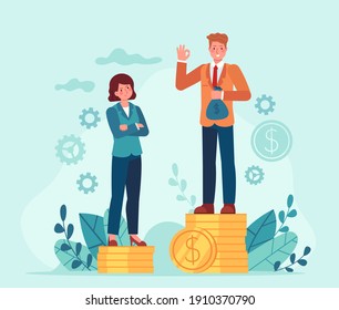 Gender Salary Gap. Business Man And Woman Standing On Unequal Money Stacks. Female Discrimination. Inequality In Job Payment  Concept. Illustration Finance Rights Unequal, Payment Disparity