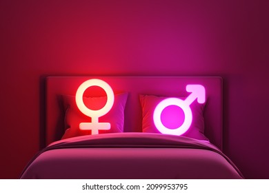 Gender symbol with bed double motel love female male valentine hotel room dim light neon bright romantic night sleep couple sexual intercourse sensual erotic dreamy symbol theme room. 3D Illustration.