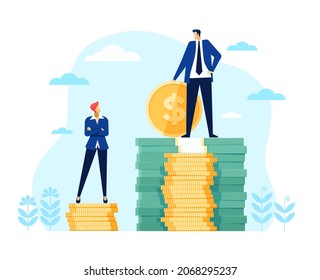 Gender wage gap. Businessman and businesswoman standing on money stack. Unequal pay, financial discrimination, income inequality  concept. Payment disparity at work, job sexism