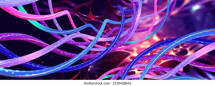Gene modifications and digital medicine. Research distance learning. Synthetic DNA helix and biological code. 3D illustration of twisted data streams in a synthetic carbon structure