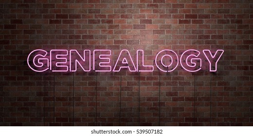 GENEALOGY - Fluorescent Neon Tube Sign On Brickwork - Front View - 3D Rendered Royalty Free Stock Picture. Can Be Used For Online Banner Ads And Direct Mailers.
