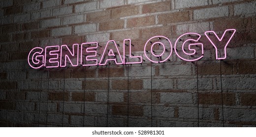 GENEALOGY - Glowing Neon Sign On Stonework Wall - 3D Rendered Royalty Free Stock Illustration.  Can Be Used For Online Banner Ads And Direct Mailers.
