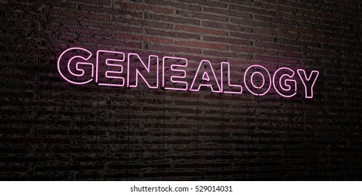 GENEALOGY -Realistic Neon Sign On Brick Wall Background - 3D Rendered Royalty Free Stock Image. Can Be Used For Online Banner Ads And Direct Mailers.
