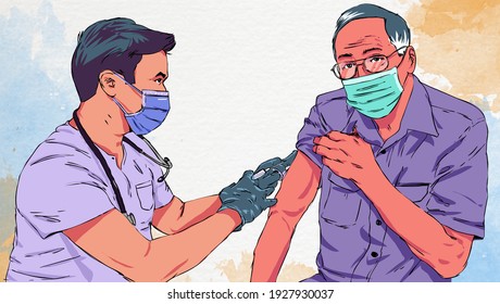 General Practitioner Vaccinating Old Patient In Clinic With Copy Space. Doctor Giving An Injection To An Elderly Woman In The Hospital. Nurse Holding Syringe Before Getting Vaccine Against Covid-19 