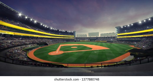 General View Of Illuminated Baseball Stadium And Playground From The Grandstand, Modern Public Sport Illuminated Building 3D Render Background 