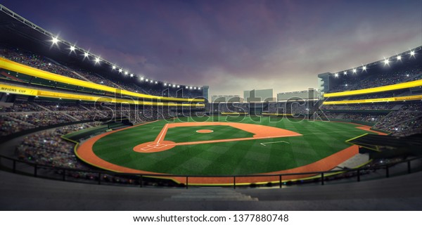 グランドスタンドから照らされた野球場と遊び場の一般ビュー 現代の公共スポーツ照明付き建物3dレンダリング背景 のイラスト素材