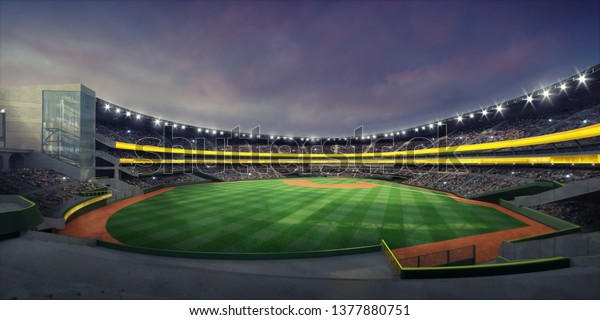 グランドスタンドから照らされた野球場と草の遊び場の一般ビュー 現代の公共スポーツ照明付き建物3dレンダリング背景 のイラスト素材