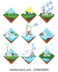Generation energy types icon set. Power stations sign collection. Modern technology, ecological no emissions industry, sustainability concept