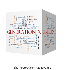 Generation X 3D Cube Word Cloud Concept With Great Terms Such As Now, Dual Income, Gen X And More.