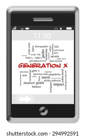 Generation X Word Cloud Concept On A Touchscreen Phone With Great Terms Such As Now, Latch Key, Educated And More.