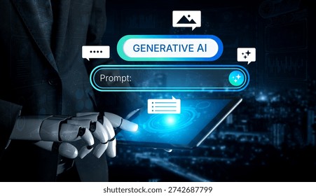 Generative AI prompt interface concept for creating content. Prompt design, AI prompt engineering, workflow, prompt input for text, image, and AI chatbot generation. Corpus