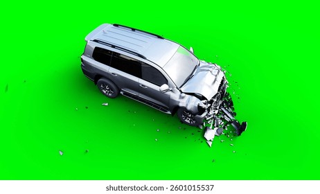 Generic 3d car crash test. Car destruction. Green screen isolate. 3 rendering,. 3D Illustration