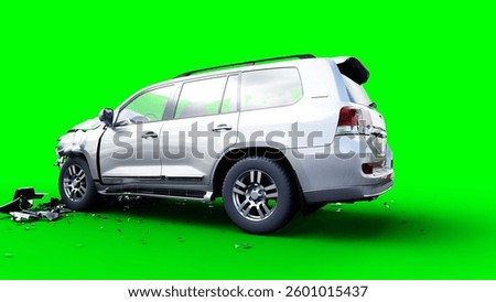 Generic 3d car crash test. Car destruction. Green screen isolate. 3 rendering,. 3D Illustration
