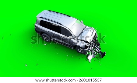Generic 3d car crash test. Car destruction. Green screen isolate. 3 rendering,. 3D Illustration