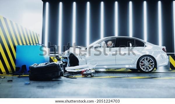 Generic\
3d car crash test. Car destruction. 3d\
rendering.