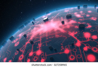 A generic alien looking world planet with illuminated city lights and a glowing data circuit network on a dark space background