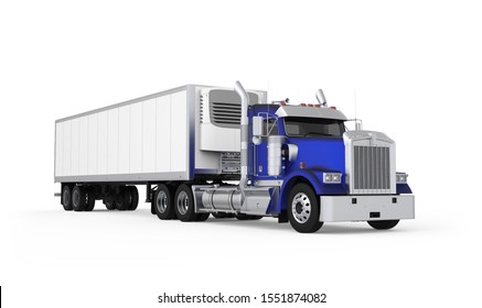 Generic American Daily Semi Truck With Refrigerated Semi Trailer From The Front Right Side, Photo Realistic Isolated 3D Illustration On The White Background.